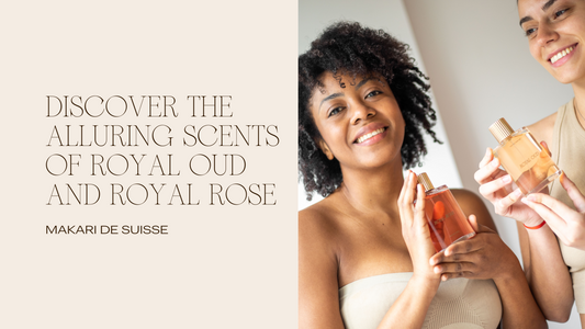 Two joyful women holding and showcasing MAKARI ROSE and OUD perfumes.