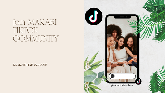 Group of diverse women smiling and exploring Makari skincare products, featured on a smartphone screen with the TikTok logo, surrounded by tropical leaves. Follow @makaridesuisse on TikTok for skincare tips, beauty secrets, and product demos.